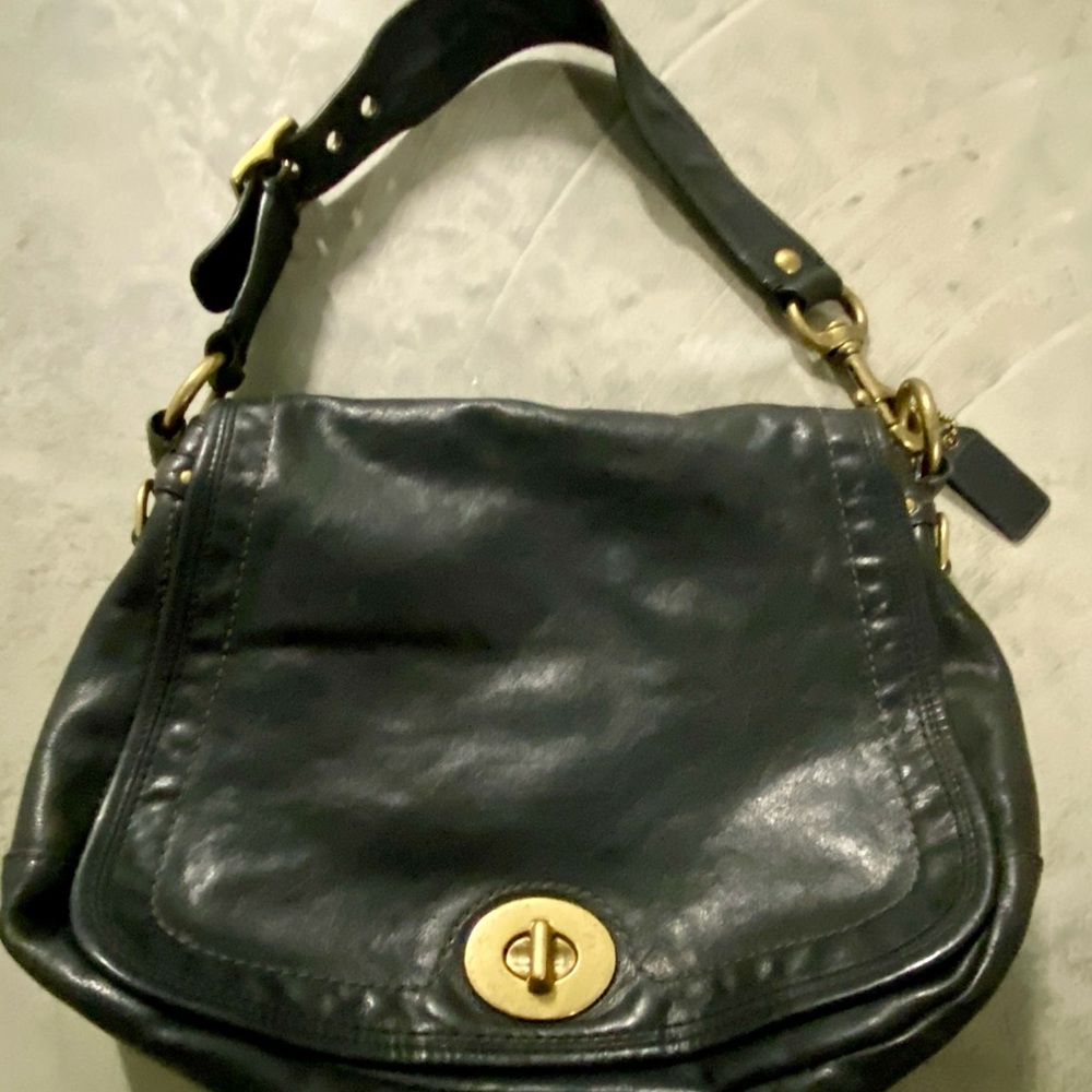 Coach Black Leather Shoulder Bag with Gold Accents